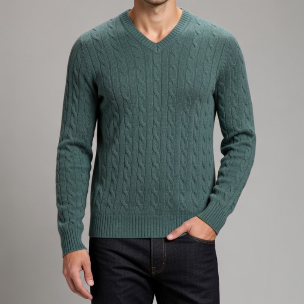 Allen Solly Sage Green 100% Cashmere Cable Knit V-Neck Sweater